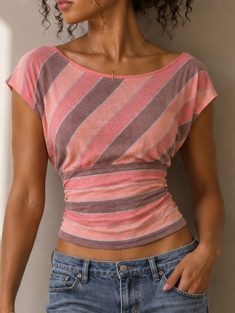 Y2K Papaya Pink Striped Cinch Waist Off Shoulder Top